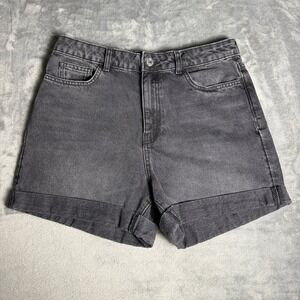 Mango MNG Mom80 Wmns Size 10 High Waisted Denim Shorts Washed Black Gray Cuffed